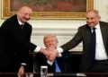 Donald Trump flanked by Azerbaijan's president, Ilham Aliyev (left), and Armenia's prime minister, Nikol Pashinyan (right), during the signing ceremony at the White House on 8 August 2025