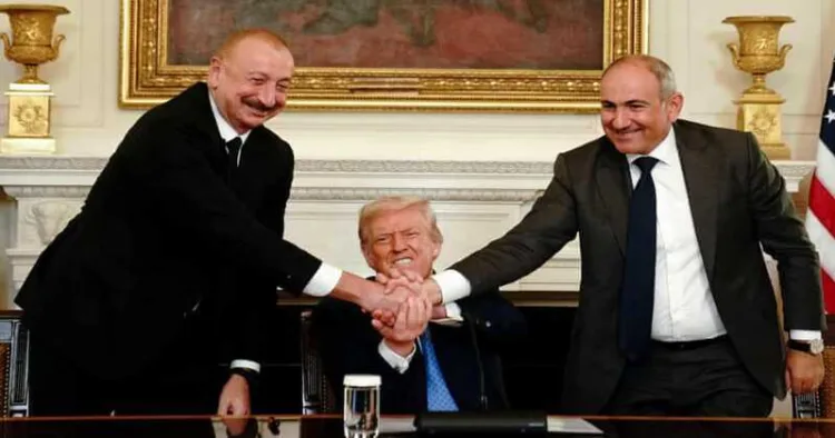 Donald Trump flanked by Azerbaijan's president, Ilham Aliyev (left), and Armenia's prime minister, Nikol Pashinyan (right), during the signing ceremony at the White House on 8 August 2025