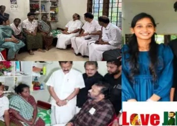 Union Ministers George Kurian and Suresh Gopi with Sona’s family at their residence in Karukadom, Kothamangalam