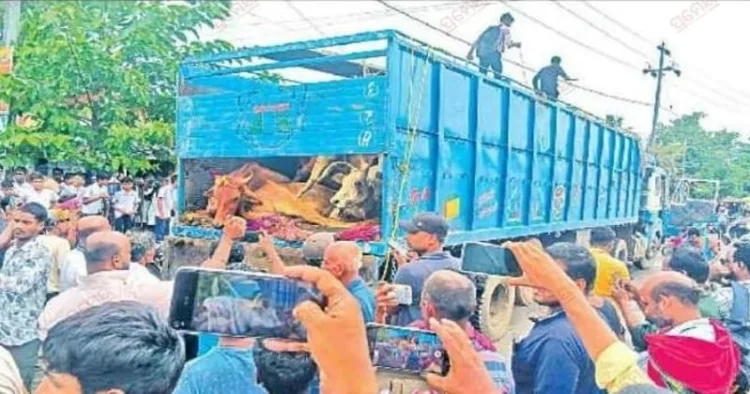 Angry locals are protesting against cattle smuggling through a container in Panikoili, Jajpur district