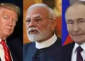 US president Donald Trump (Left), PM Modi and Russian President Vladimir Putin (Right)