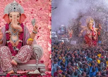 (Left) Murti of Bhagwan Ganesh (Right) Devotees celebrating Ganesh Chaturthi