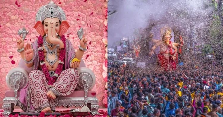 (Left) Murti of Bhagwan Ganesh (Right) Devotees celebrating Ganesh Chaturthi
