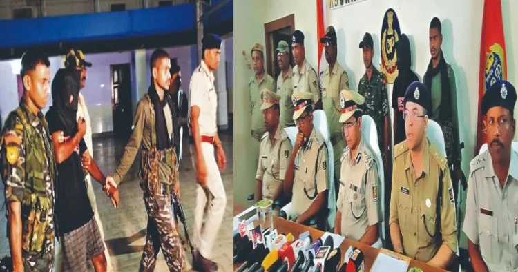 (Left) Arrested Maoist Vishu being taken away by police personnel (Right) DIG Brajesh Rai briefing media alongside senior police officers