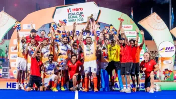 Rajgir [Bihar], Sep 07 (ANI): India players poses for a picture with the trophy after defeating Korea in the final match of Hockey Asia Cup 2025, in Rajgir on Sunday. (@narendramodi X/ANI Photo)