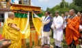 Bhutan's Prime Minister Tshering Tobgay, Union Minister Kiren Rijiju and others during inauguration of Royal Bhutan Temple at Rajgir, Image courtesy Newsonair