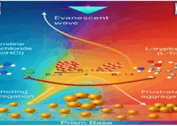 The graphic shows real-time monitoring of gold nanoparticle aggregation using EW-CRDS, where the evanescent wave probes GdnHCl-induced aggregation and its alteration by L-Trp, resulting in frustrated aggregation