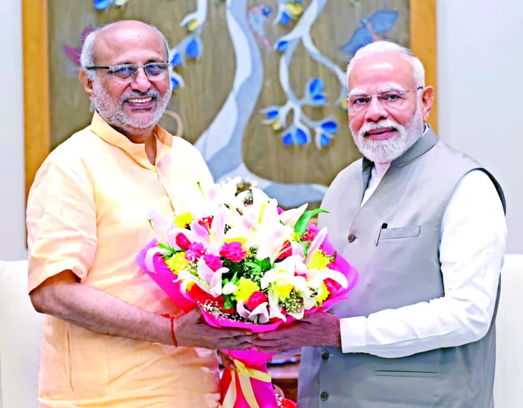 PM Narendra Modi felicitating CP Radhakrishnan on being nominated as NDA’s Vice Presidential nominee