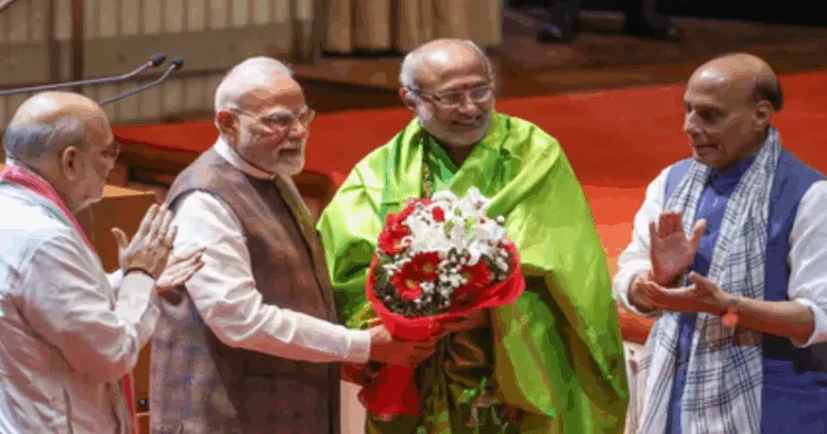 (From left to Right) Union Home Minister Amit Shah , PM Narendra Modi, CP Radhakrishnan, Defence Minister Rajnath Singh