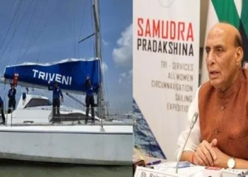 Defence Minister Shri Rajnath Singh virtually flagging off the journey of IASV Triveni