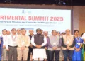 Union Minister of State (Independent Charge) of Ministry of Ayush, Prataprao Jadhav along with other dignitaries on the stage at the Departmental Summit on 'National Ayush Mission and Capacity Building in States' at AIIA
