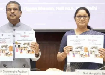 Union Minister Annapurna Devi-right with Union Minister for Education Dharmendra Pradhan at launch of guidelines for co-location of Anganwadi centres with schools, image courtesy PIB