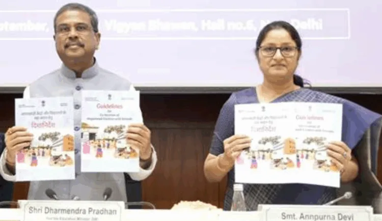 Union Minister Annapurna Devi-right with Union Minister for Education Dharmendra Pradhan at launch of guidelines for co-location of Anganwadi centres with schools, image courtesy PIB