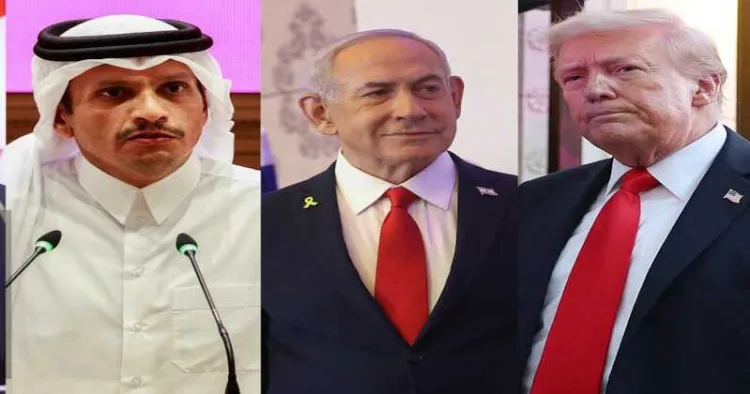 Qatari Prime Minister Sheikh Mohammed bin Abdulrahman Al Thani, Israeli PM Benjamin Netanyahu and US President Donald Trump