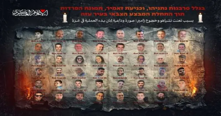 This image released by the armed wing of Hamas shows the 48 captives held in Gaza