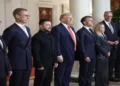 US President Donald Trump, Ukrainian President Volodymyr Zelenskyy, and European leaders at the White House on August 18, 2025