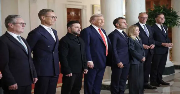 US President Donald Trump, Ukrainian President Volodymyr Zelenskyy, and European leaders at the White House on August 18, 2025