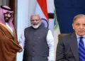 Saudi Prince Mohammed Bin Salman and Prime MInister Narendra Modi (Left) and Pakistan PM Shehbaz Sharif (Right)