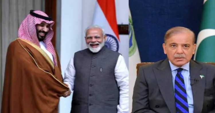 Saudi Prince Mohammed Bin Salman and Prime MInister Narendra Modi (Left) and Pakistan PM Shehbaz Sharif (Right)