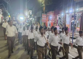 Swayamsevaks participating in a grand path sanchalan at Balasore in Odisha