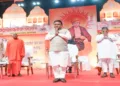 Odisha Chief Minister Mohan Charan Majhi at the 150th Foundation Day celebrations of Arya Samaj, held at the Railway Auditorium in Chandrasekharpur, Bhubaneswar
