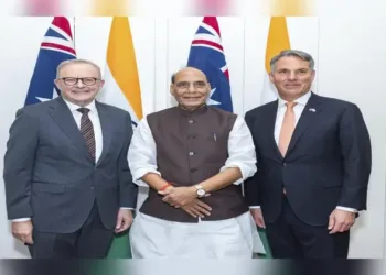 (from left to right): Australia Prime Minister Anthony Albanese, Defence Minister Rajnath Singh and Deputy PM & Defence Minister of Australia Richard Marles