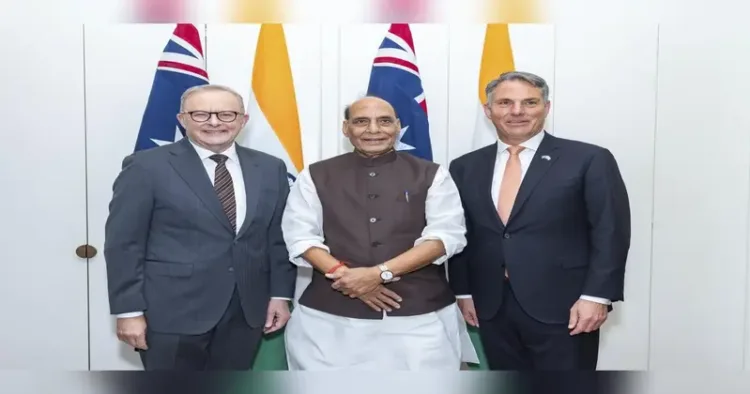 (from left to right): Australia Prime Minister Anthony Albanese, Defence Minister Rajnath Singh and Deputy PM & Defence Minister of Australia Richard Marles
