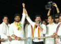 (L to R) Mohd Azharuddin, Congress candidate Naveen Yadav and CM Revanth Reddy at the Jubilee Hills campaign.