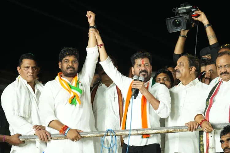 (L to R) Mohd Azharuddin, Congress candidate Naveen Yadav and CM Revanth Reddy at the Jubilee Hills campaign.