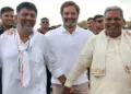 (From Left to Right) Karnataka Deputy CM DK Shivkumar, Rahul Gandhi and Karnataka CM Siddaramaiah