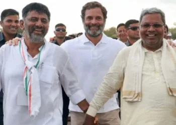 (From Left to Right) Karnataka Deputy CM DK Shivkumar, Rahul Gandhi and Karnataka CM Siddaramaiah