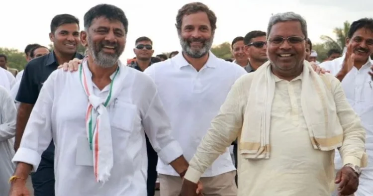 (From Left to Right) Karnataka Deputy CM DK Shivkumar, Rahul Gandhi and Karnataka CM Siddaramaiah