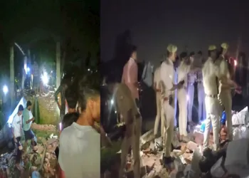(Left) People at the site of the explosion (Right) Police and other officials at the debris of the house where the explosion took place