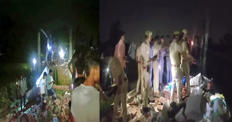 (Left) People at the site of the explosion (Right) Police and other officials at the debris of the house where the explosion took place
