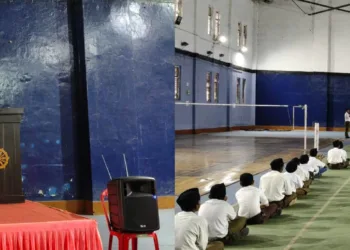 Senior Congress leader and former Odisha Assembly Speaker Kishore Patel at the RSS centenary inauguration at Bhawani Bhavan Stadium