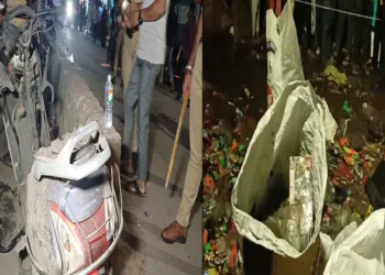 (Left) The scooty that was damaged in the blast (Right) The area where the balst occurred in Kanpur
