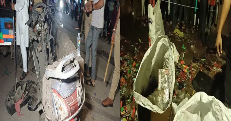 (Left) The scooty that was damaged in the blast (Right) The area where the balst occurred in Kanpur
