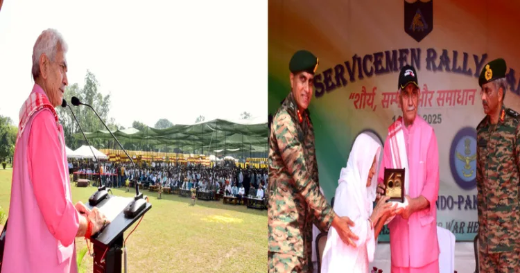 (Left) LG Manoj Sinha (Right) LG Manoj Sinha facilitating wife of a 1965 war veteran
