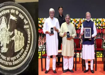 (Left) Special coin commemorating the centenary of RSS (Right- L To R) Union Minister of Culture Gajendra Singh Shekhawat, RSS Sarkaryavah Dattatreya Hosable, PM Narendra Modi, Delhi CM Rekha Gupta