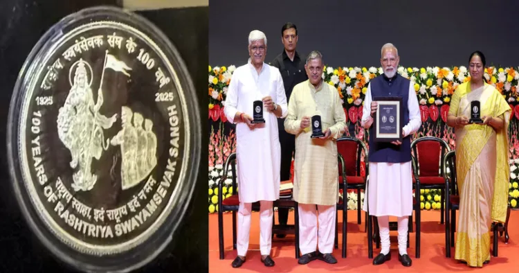 (Left) Special coin commemorating the centenary of RSS (Right- L To R) Union Minister of Culture Gajendra Singh Shekhawat, RSS Sarkaryavah Dattatreya Hosable, PM Narendra Modi, Delhi CM Rekha Gupta