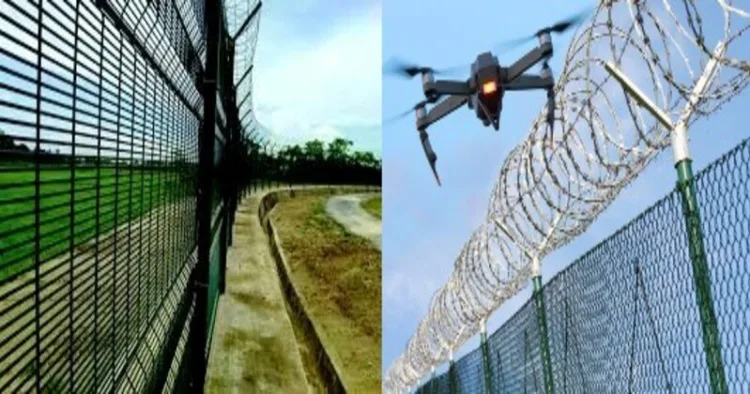 (Left) Modern fencing at Kutch border (Right) Drone guarding border