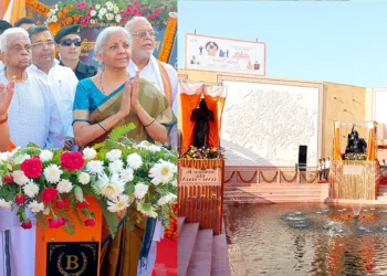 The unveiling ceremony of statues of three eminent South Indian musical saints, Tyagaraja Swamigal, Purandara Dasar, and Arunachala Kavi at Ayodhya.
