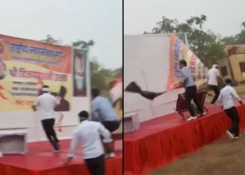 NSUI goons causing damage to the stage where RSS event was scheduled to take place (Image Source: Video grab)