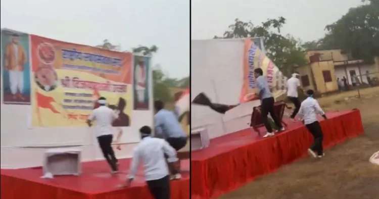 NSUI goons causing damage to the stage where RSS event was scheduled to take place (Image Source: Video grab)
