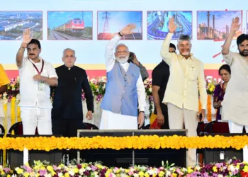 PM Narendra Modi at Kurnool, along with AP CM Chandrababu Naidu and Deputy CM Pawan Kalyan