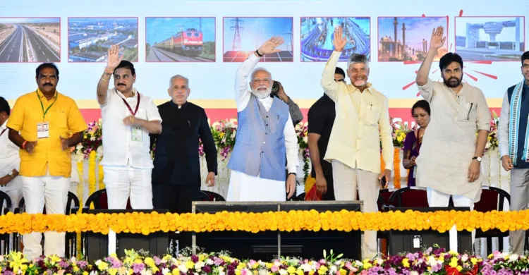 PM Narendra Modi at Kurnool, along with AP CM Chandrababu Naidu and Deputy CM Pawan Kalyan