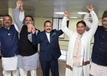 BJP Candidate for the Rajya Sabha seat Sat Pal Sharma after filing his nomination paper, accompanied by Union Minister Dr. Jitendra Singh