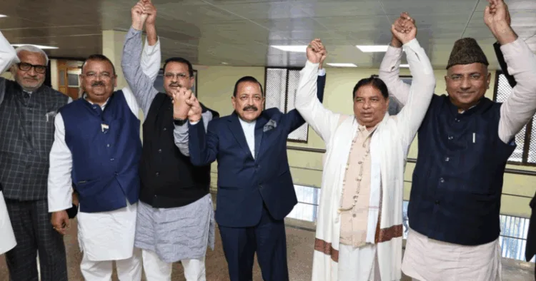 BJP Candidate for the Rajya Sabha seat Sat Pal Sharma after filing his nomination paper, accompanied by Union Minister Dr. Jitendra Singh