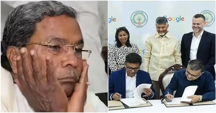 (Left) Karnataka CM Siddaramaiah (Right) Memorandum of Understanding (MoU) for the AI hub was signed in the presence of Chief Minister N. Chandrababu Naidu, Andhra Pradesh IT Minister Nara Lokesh, and Google Cloud CEO Thomas Kurien