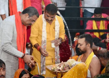 Union Minister Dharmendra Pradhan performing rituals during Chhath Mahaparva, Image X